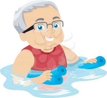 Illustration of a Senior Citizen Hanging on to Floaters While Swimming
