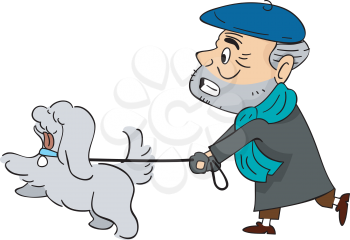 Illustration of a Senior Citizen Walking His Pet Dog