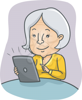 Illustration of a Female Senior Citizen Browsing Through the Contents of Her Tablet