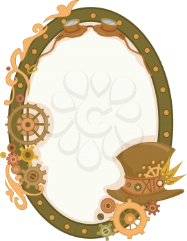 Steampunk Themed Illustration of a Circular Frame Decorated with Cogwheels and Gears