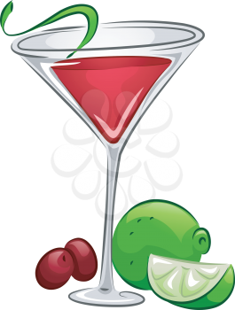 Illustration of a Cosmopolitan Drink with Lime and Cranberries