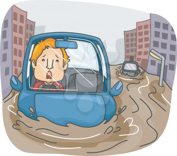 Illustration of a Panicking Man Caught in the Middle of a Flash Flood