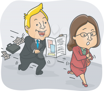 Illustration of a Persistent Insurance Agent Chasing After a Woman