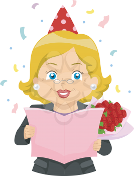 Illustration of an Elderly Woman Reading a Retirement Party Card