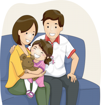 Illustration of a Couple with Daughter sitting on their Sofa