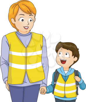 Illustration of a Mother Taking Her Kid on a Walking Bus Trip
