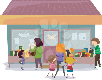 Stickman Illustration of Families Checking Books in a Book Sale