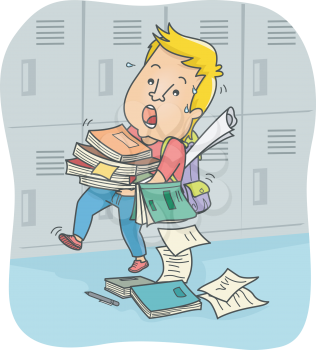 Illustration of a Male Teenager Struggling to Carry a Stack of Books