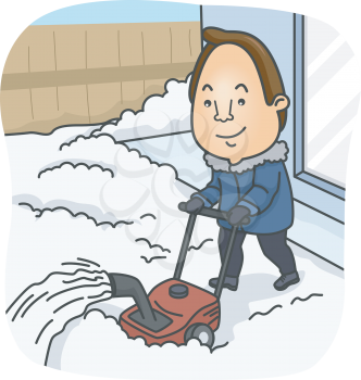 Illustration of a Man Using a Snow Blower to Clear His Front Yard