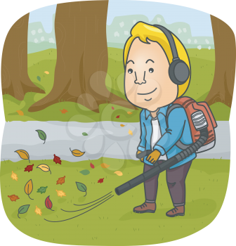 Illustration of a Man Using a Leaf Blower to Clear His Yard of Leaves