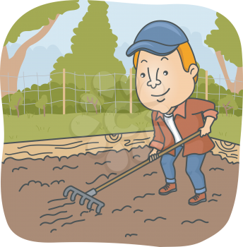 Illustration of a Man Raking the Soil on His Garden