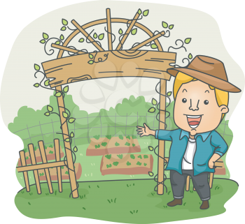 Illustration of a Man Standing Beside a Wooden Welcome Arch on His Farm