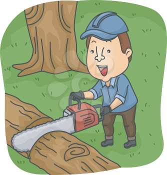 Illustration of a Logger Cutting a Fallen Tree with a Chainsaw
