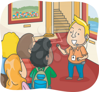 Illustration of a Tour Guide Guiding a Group of Tourists Along a Palace