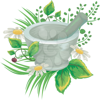 Illustration of Herbs Surrounding a Mortar and Pestle