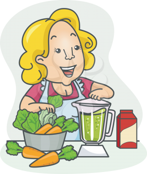 Illustration of a Girl blending Vegetables for her Green Smoothies