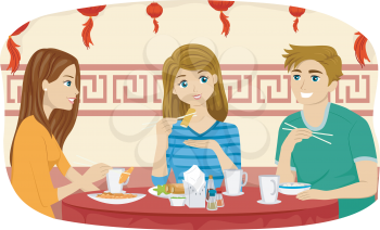 Illustration of Teenage Friends Eating at a Chinese Restaurant