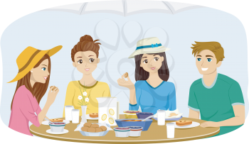 Illustration of Teenagers Enjoying a Meal Outdoors
