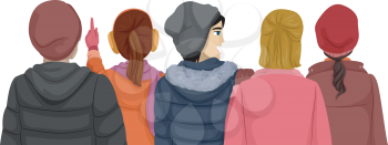 Back View Illustration of Teenagers Wearing Winter Clothes