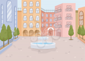 Illustration of a Courtyard with a Mini Fountain in the Middle