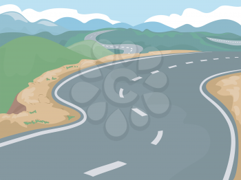 Illustration of a Long Stretch of Highway Beside Clusters of Hills