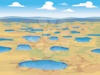 Illustration of a Wide Expanse of Tundra with Small Pools of Water