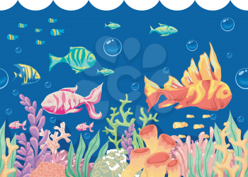 Colorful Illustration of Fishes Swimming Around Corals and Seaweeds