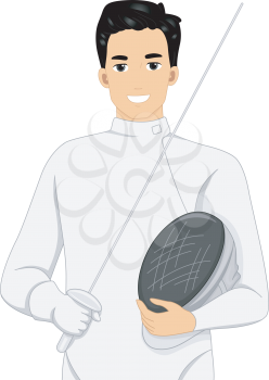 Illustration of a Fencer Holding a Fencing Stick in One Hand and a Face Mask in the Other