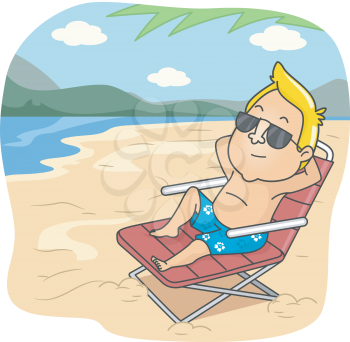 Illustration of a Man Sitting on a Reclining Chair in a Beach