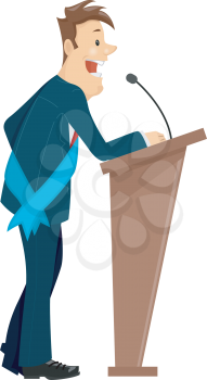 Illustration of a Man Wearing a Sash Standing Behind a Podium Delivering a Speech