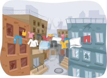 Illustration of a Ghetto with Clothes Hanging from a Clothesline in Plain Sight