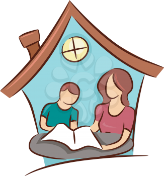 Illustration of a Mother Teaching Her Young Son at Home
