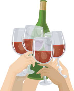 Cropped Illustration of Hands Clinking Their Glasses Against a Bottle of Wine
