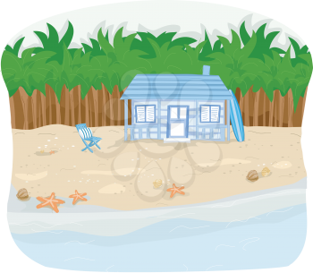 Illustration of a Beachfront Cabin with Rows of Palm Trees Behind