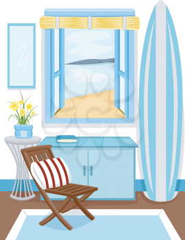 Illustration of the Interior of a Cabin with a View of the Beach from the Window