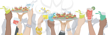 Cropped Illustration of a Cocktail Party with Food Being Raised