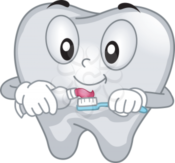 Mascot Illustration of a Tooth Spreading Toothpaste on its Toothbrush