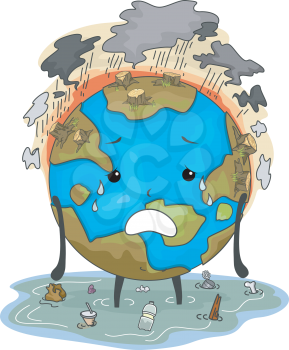 Mascot Illustration Featuring the Earth Suffering from Flooding Air Pollution and Deforestation