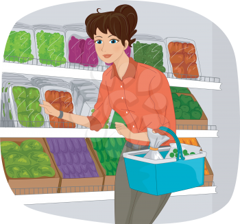 Illustration of a Girl in a Grocery Checking the Produce Section