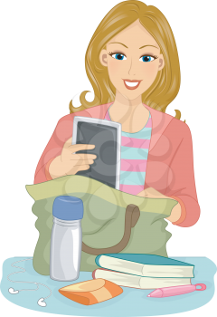Illustration of a Girl Putting Assorted Items in Her Bag