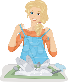 Illustration of a Female Dishwasher Putting an Apron On
