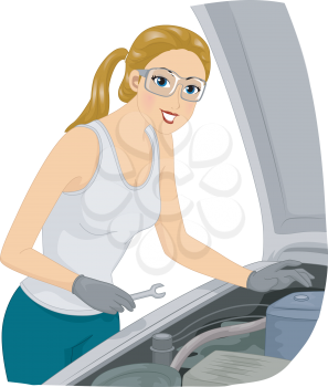 Illustration of a Female Mechanic Trying to Fix a Car