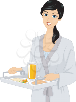 Illustration of a Girl in a Bathrobe Carrying a Breakfast Tray