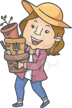 Illustration of a Girl Carrying Pots and Gardening Tools