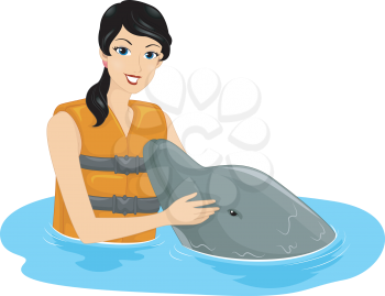 Illustration of a Girl Patting a Friendly Dolphin on the Snout