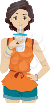 Illustration of a Girl Drinking from a Cup Using a Straw
