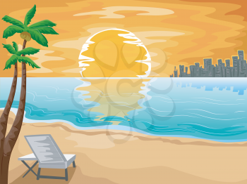 Illustration of an Urban Beachfront with the Setting Sun as its Background