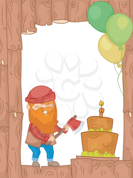 Frame Illustration of a Lumberjack About to Chop the Cake with an Axe