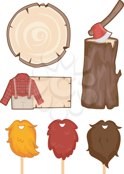 Illustration Set Featuring Things Usually Associated with Lumberjacks