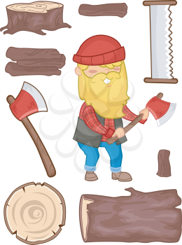 Illustration Set Featuring a Lumberjack Surrounded by Tools Used for Cutting Wood